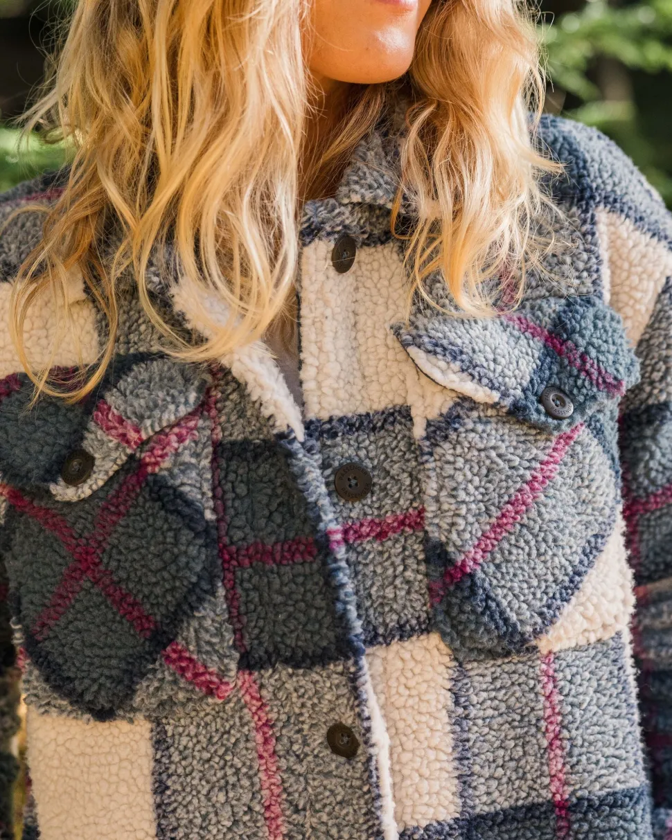 Sale Passenger Cloudy Recycled Deep-Pile Sherpa Fleece Shirt Dark Denim Check